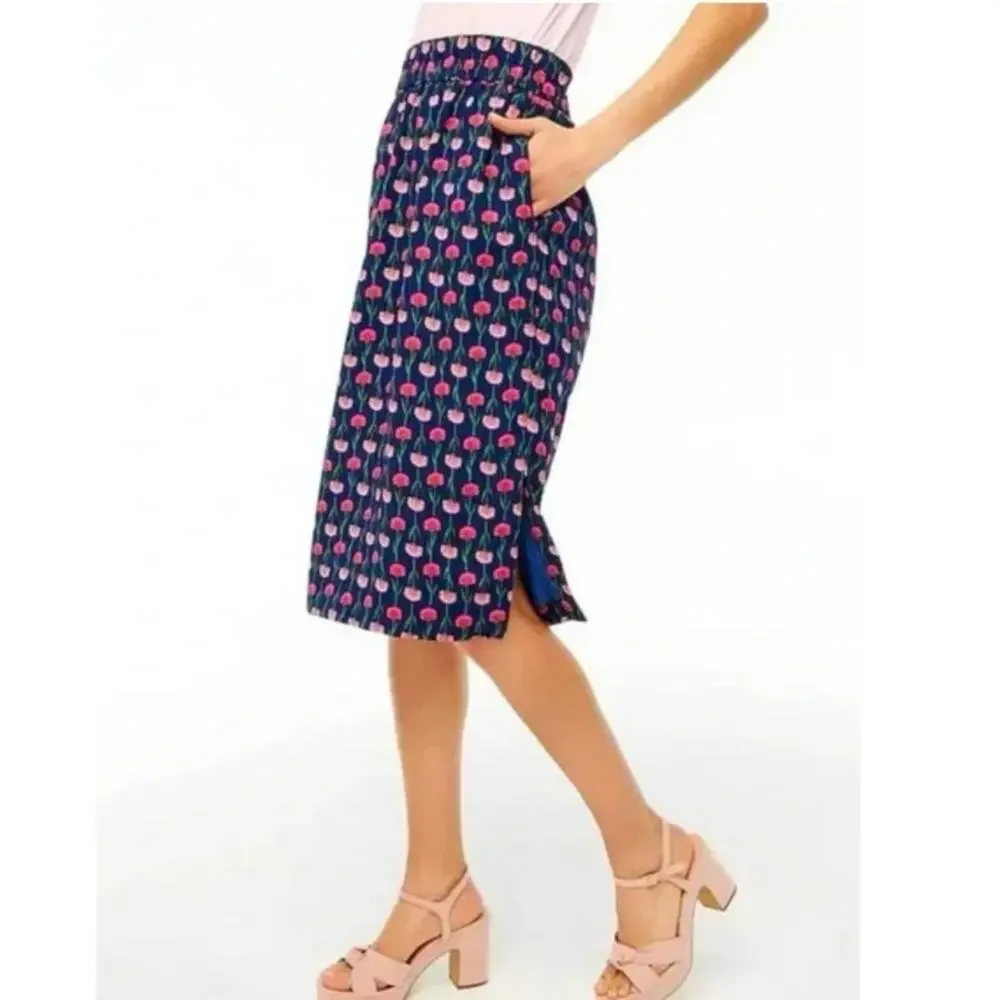J.CREW NWT Navy & Pink Floral Pull On Lined Pencil Skirt With Pockets, Size XXS